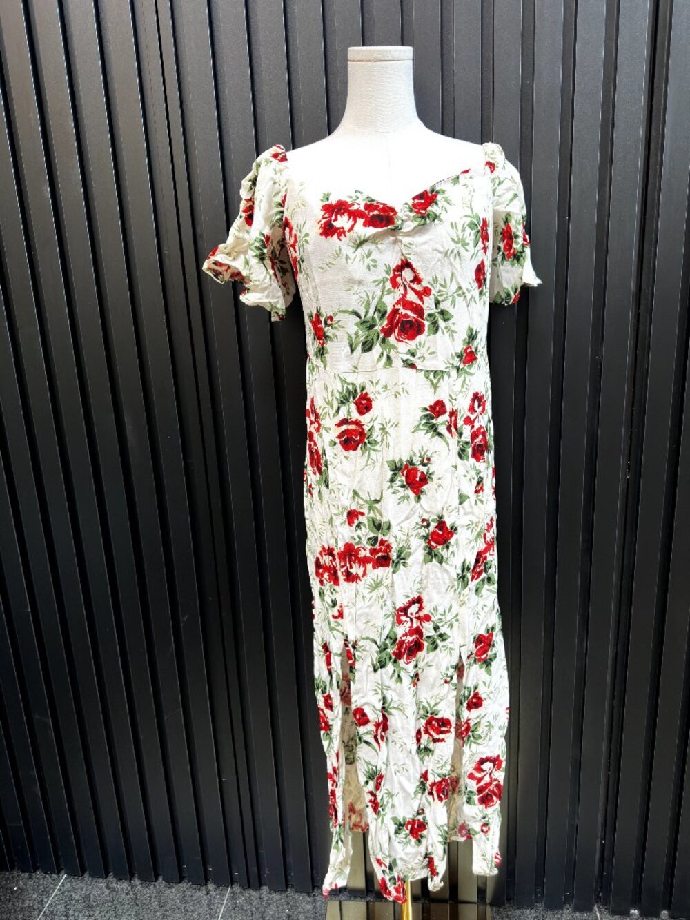 Topshop Rose Floral Midi Dress Puff Sleeve Cream Red